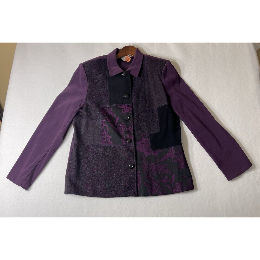 VTG Purple Black Floral Patchwork Button Jacket Blazer Shoulder Pads Size L